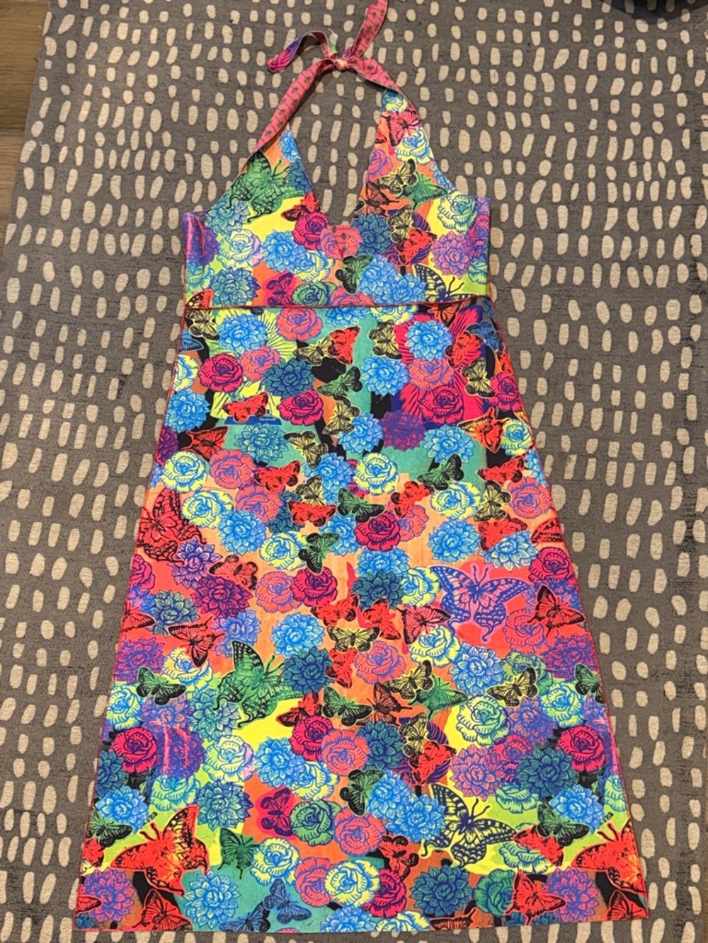 NWOT ANIMAPOP Bright Floral & Butterfly Halter One-Piece reversible dress size m